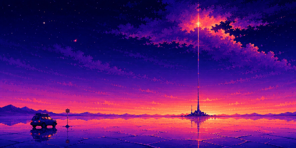 Pixel-art salt flats at sunset, a parked car reflected in the water, and a beam of light rising straight up into a starry sky from a tower on the horizon