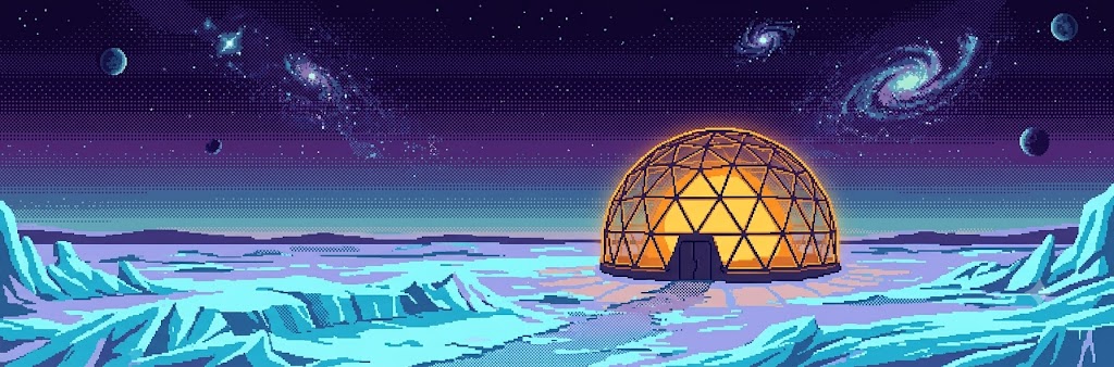 Pixel-art glowing geodesic dome outpost on an icy alien landscape under a starry sky with galaxies overhead