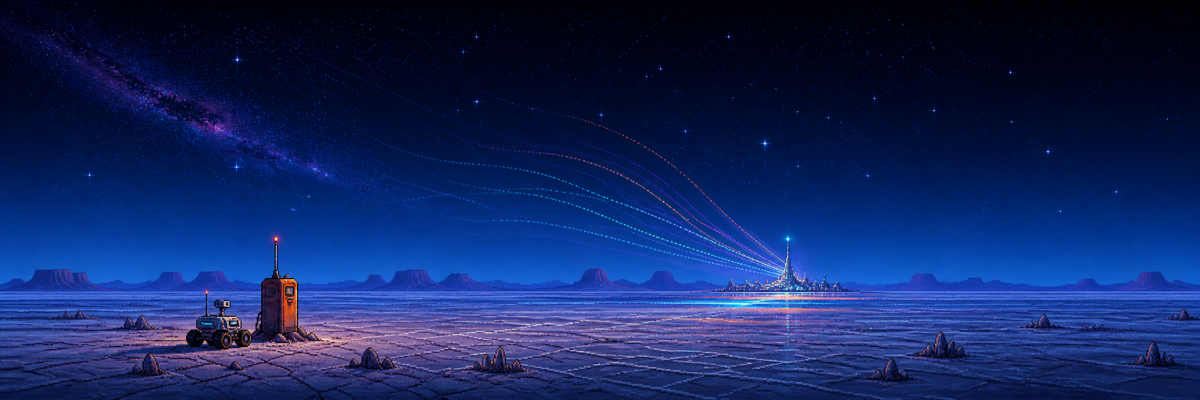 Pixel-art rover and relay shack alone on a cracked salt plain at night, streams of colored data arcing toward a distant glowing city
