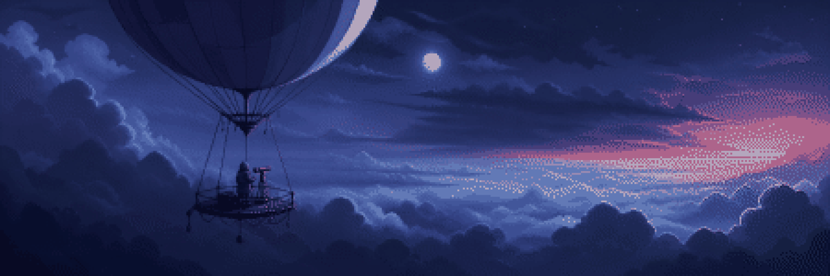 A lone observer stands beneath a balloon-mounted observatory above a moonlit sea of violet clouds, with coral dawn on the horizon.